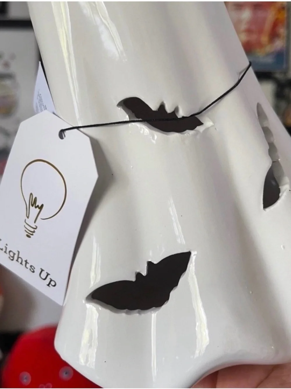 White Ceramic Ghost Luminary with Bat Cutouts